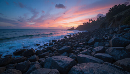 Rocky beach at sunset with waves and cloudy sky