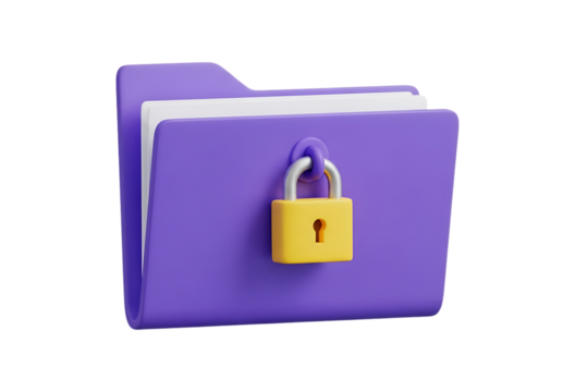 Purple folder with yellow padlock and papers isolated on a transparent background