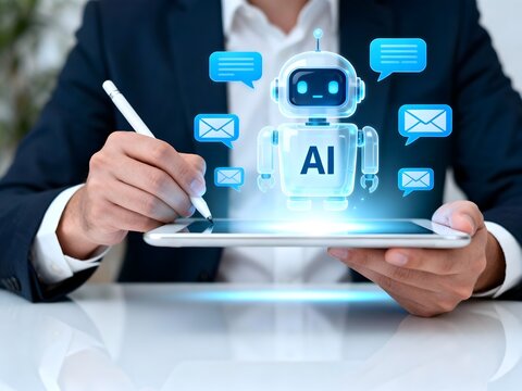 Human using a tablet with an AI robot assistant futuristic technology concept for communication and automation glowing digital interface