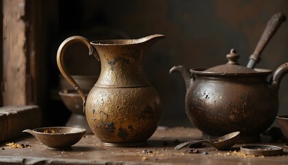 &ldquo;.&rdquo;&ldquo;Antique brass kitchenware set with a rusty brass jug, corroded spoons, heavily patinated pot, faded shine, scratched and polluted texture, realistic old-metal imperfections, heritage-era South Asi