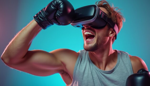 Man enjoying virtual boxing experience with VR headset