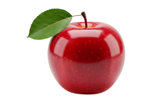 Red apple with green leaf and stem isolated on a transparent background