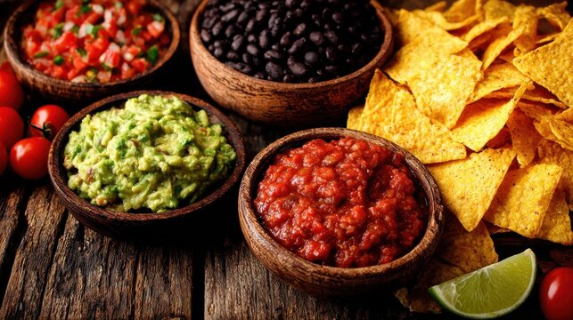 Delicious Mexican food, tortilla chips, salsa, beans, and guacamole - Powered by Adobe