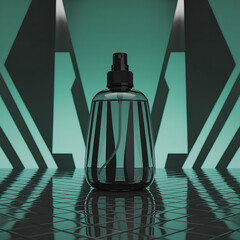 Sleek striped spray bottle on reflective tile with geometric teal background