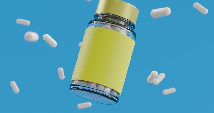 Vitamin supplement bottles with capsules, generic pharmaceutical packaging, 3D render