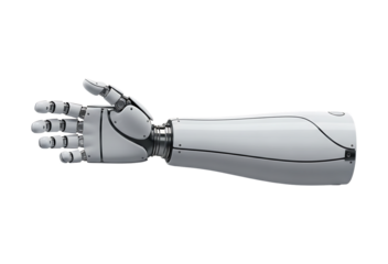 White robotic arm with articulated fingers extended isolated on a transparent background