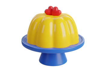 Yellow dome dessert with red hearts on blue stand isolated on a transparent background