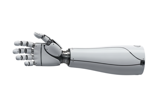 White robotic arm with articulated fingers extended isolated on a transparent background
