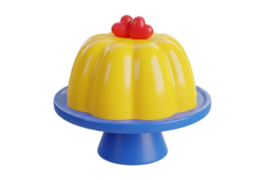 Yellow dome dessert with red hearts on blue stand isolated on a transparent background