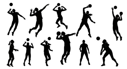 Collection of dynamic volleyball player silhouettes demonstrating various game actions