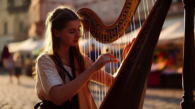 A woman playing a harp on a city street during sunset.