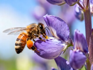 Honeybee gathering pollen from a purple lupine flower close-up macro shot pollinating in a natural garden setting