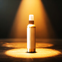 Elegant metallic spray bottle under intense golden spotlight, product display