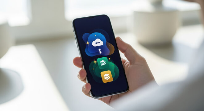 Hand holding smartphone displaying cloud platform icons for technology blogs, cloud computing articles, digital solutions, and app promotion