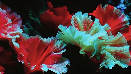 Red hibiscus flowers with green petals in vibrant display. Tropical blooms unfolding on dark background. Animated floral sequence capturing nature beauty and color contrast.