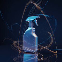 Metallic blue spray bottle with dynamic light trails and reflective surface.