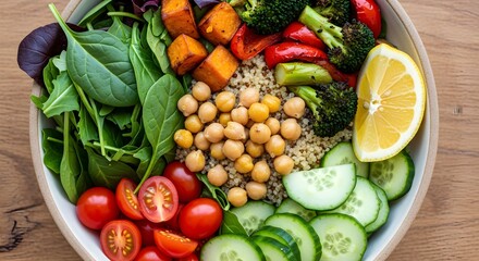 Nourishing vegan bowl with fresh vegetables and healthy ingredients for balanced diet including quinoa chickpeas sweet potato broccoli spinach 195