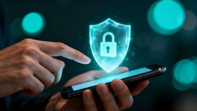 Finger touching a smartphone with a glowing security shield and padlock digital data protection concept for mobile devices cybersecurity