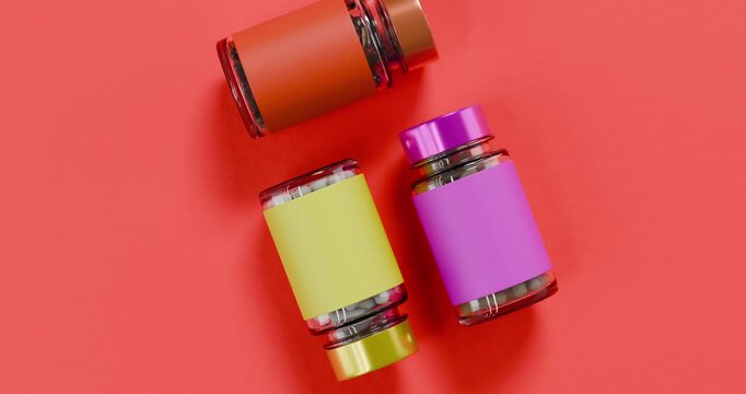 Vitamin supplement bottles with capsules, generic pharmaceutical packaging, 3D render