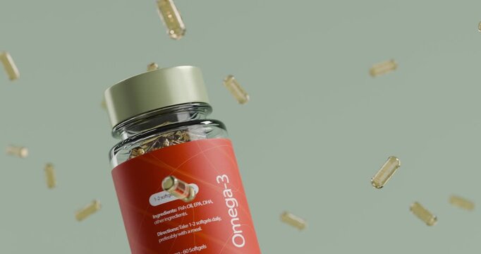 Vitamin supplement bottles with capsules, generic pharmaceutical packaging, 3D render