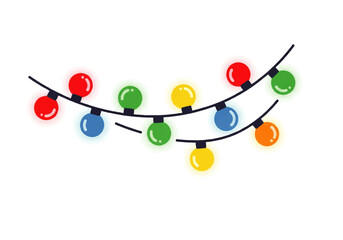 Illustration of a string of colorful Christmas lights with red, green, yellow, and blue bulbs on a white background.