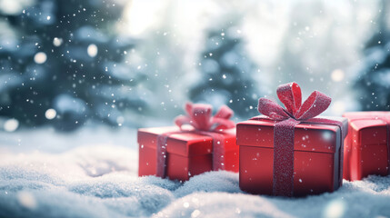 close-up view of red christmas gift boxes on snow in a blurred winter forest during snowfall