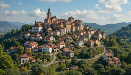 Fototapeta premium Aerial view of a hilltop town with church and houses