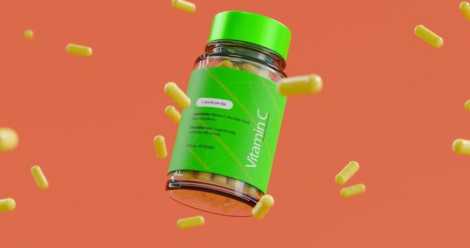 Vitamin supplement bottles with capsules, generic pharmaceutical packaging, 3D render