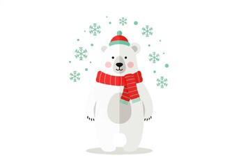 Illustration of a cute polar bear wearing a red and white striped scarf and a matching hat, surrounded by green snowflakes.