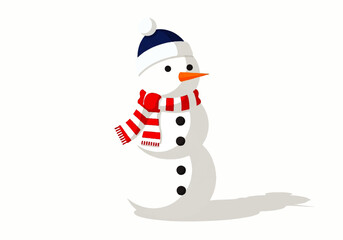 Cartoon illustration of a snowman with a blue and white hat, red and white striped scarf, and carrot nose.