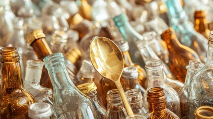 An assortment of colorful glass bottles and a golden spoon placed among them, representing beverage diversity.