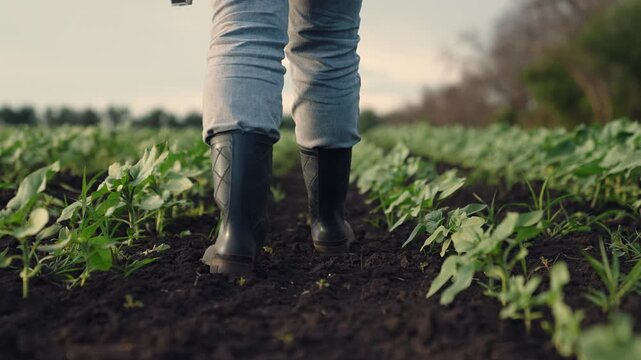 Agriculture, Green farming practices, Soil and seedling view, New farm technology, Woman at work, Farm field future, Crop monitoring, Plant research, Modern evaluation, Outdoor scene, Progressive