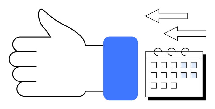 Thumbs-up hand near a calendar and arrows, representing approval, scheduling, or time management. Ideal for planning, approval, feedback, workflows, organization productivity simple flat metaphor