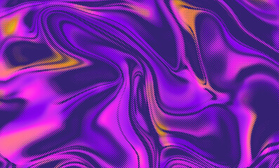 Vivid abstract illustration with flowing swirls of purple, pink, and orange, styled with a halftone texture for a retro, energetic effect. Conceptual art for backgrounds, Y2K style design.