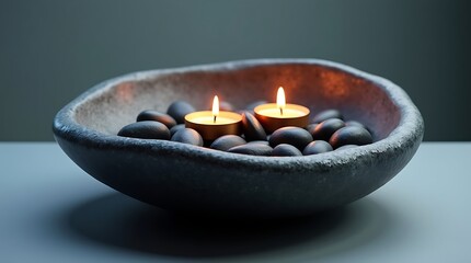 Two glowing candles and smooth dark stones in a rustic bowl, evoking calm