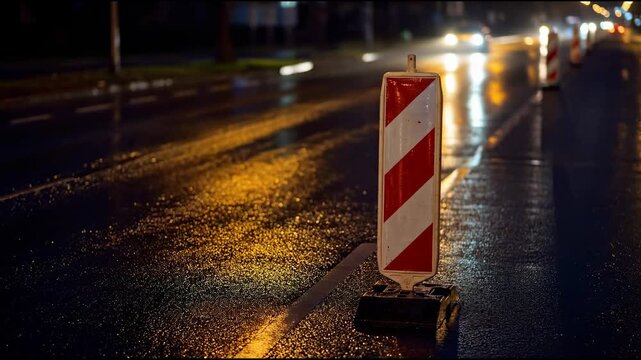 A roadwork barrier with red and white stripes stands on a wet night road while cars pass by, and their headlights reflect on the shiny asphalt surface