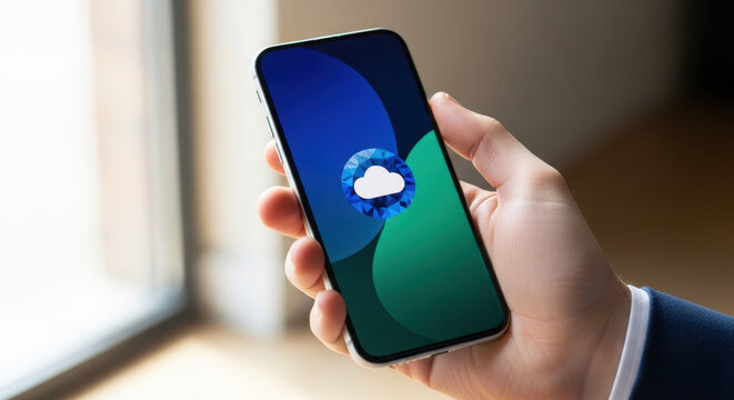 Hand holding smartphone displaying cloud computing interface for digital technology blogs, software development websites, and business presentations - Powered by Adobe