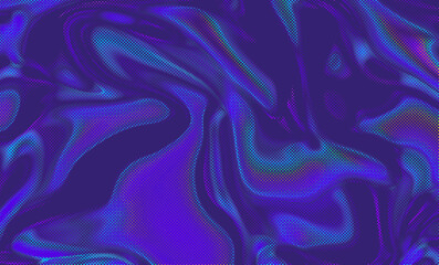 Abstract pattern with flowing, wavy lines in blue and purple shades. The illustration resembles liquid metal with a dotted halftone effect, creating a modern, digital, and vibrant pop-art Y2K style.
