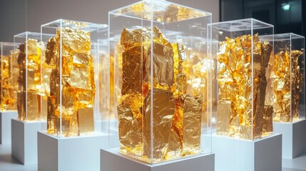 A stunning display of golden sculptures encased in glass, showcasing modern art and elegance in a gallery setting.