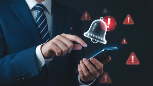 A businessman in a suit with a smartphone with notification alerts 