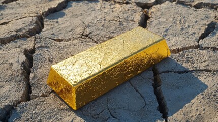 A gold bar rests on cracked soil, symbolizing value amidst environmental degradation and climate change challenges.