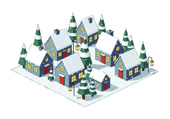 Isometric illustration of a snow-covered village with houses, trees, and street lamps, creating a winter scene.