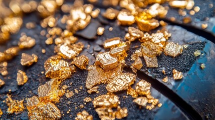 Close-up of shimmering gold flakes on a black surface, showcasing elegance and luxury for various creative projects.