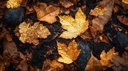 Close-up of vibrant golden leaves scattered on dark earthy ground, capturing the beauty of autumn's natural palette.