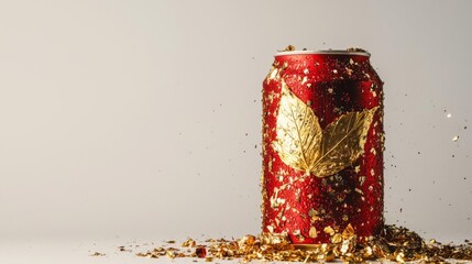 A vibrant red can decorated with a golden leaf sits on a surface, surrounded by sparkling gold particles.