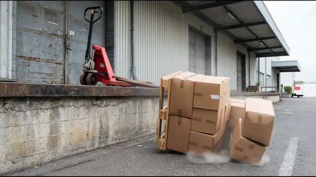 A stack of cardboard boxes slips off a tilted pallet near a warehouse loading dock, with several boxes already hitting the ground and scattering