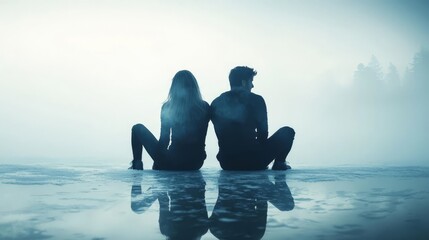A couple sits together on the shore, reflecting on love and connection amidst a serene, misty background.