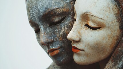 Close-up of artistic sculptures depicting unity between two culturally inspired figures.