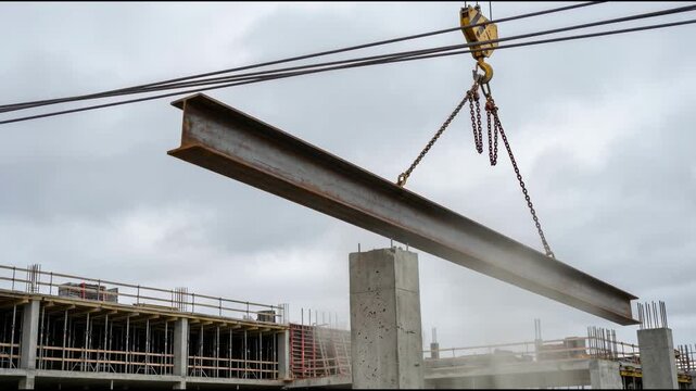 A steel beam suspended by crane chains strikes a concrete column, breaking off pieces of concrete and creating a dust cloud at a construction site