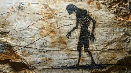 Historic cave art depicting a humanoid figure illustrates early human creativity and expression in ancient times.